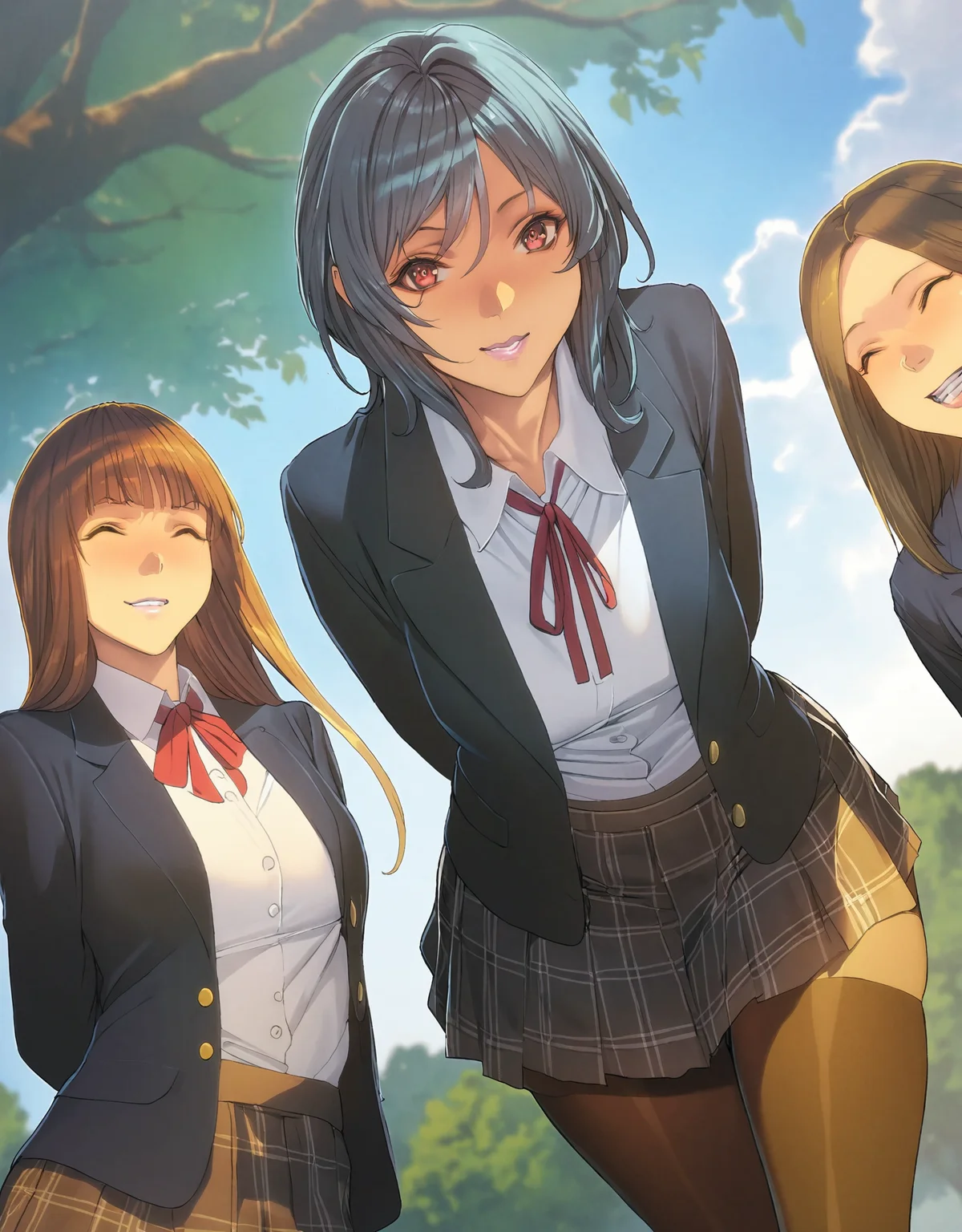 masterpiece, best quality, <lora:style61-a31-000015:1>,multiple girls, school uniform, brown hair, skirt, 3girls, v, smile, pantyhose, long hair, plaid, plaid skirt, thighhighs, jacket, day, sky, brown eyes, closed eyes, looking at viewer, short hair, cloud, black hair, red eyes, blazer, tree, grin, ribbon, outdoors, pleated skirt, bangs, shirt, arms behind back, leaning forward, blue sky, blurry, blue hair, neck ribbon, zettai ryouiki, dutch angle, red ribbon, lips, depth of field, white shirt, open mouth, open clothes, long sleeves, parted bangs, ^_^, open jacket, black jacket
