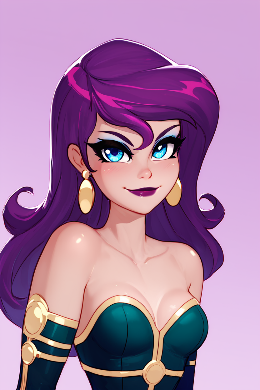 score_9, score_8_up, score_8, medium breasts, (curvy), cute, eyelashes,       BREAK, , ,,,    zzCirce, blue eyes, purple hair, long hair, bare shoulders, jewelry, earrings, makeup, lipstick, cleavage,  ,<lora:Circe_JLU_PDXL:1.0>,   ,,, , BREAK, smile, closed mouth, looking at viewer, cowboy shot,  ,,, embedding:zPDXL, Expressiveh, ,,, <lora:MantisStyle_PDXL_v2:0.8>, <lora:SDXLFaeTastic2400:0.5>, <lora:Expressive_H-000001:0.4>,