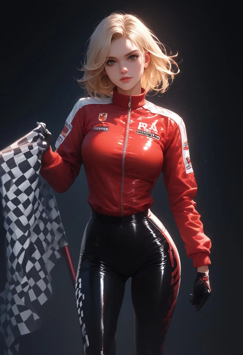 score_9, score_8_up, score_7_up, 1girl, blonde hair, solo, red bow, racing outfit, black gloves, shiny outfit, holding checkered flag, confident pose, dark background, highly detailed, photorealistic, high contrast, modern setting, standing, black thigh-highs, reflective surfaces, racing theme.
