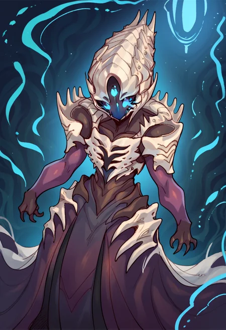 <lora:ExobeloStyle-000020:1>, score_9, score_8_up, score_7_up, source_anime, cute
<lora:D2LuzChan:0.9>, 1girl, solo, monster girl, D2LightWiz, 3eyes, white helmet, white armor, glowing blue eyes, claws, black skin, long dress,
standing, looking at viewer