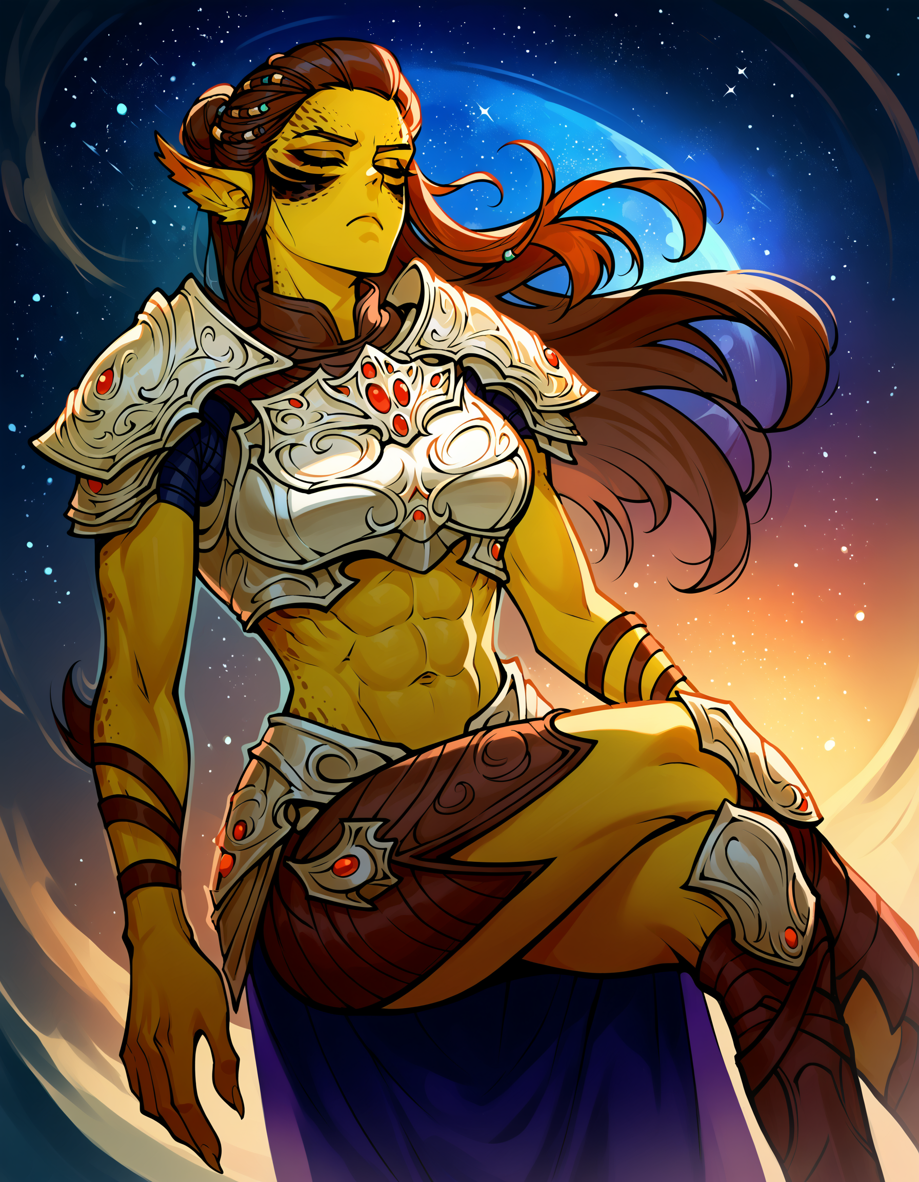zPDXL2, source_anime,   outer_space, night sky, floating, crossed legs, 
 looking at viewer, closed eyes, frown, 
laezelxl, 1girl, solo, closed mouth, standing, medium breasts, yellow eyes, abs, single hair bun,  armor, 
<lora:laezelxl3-000006:1>
