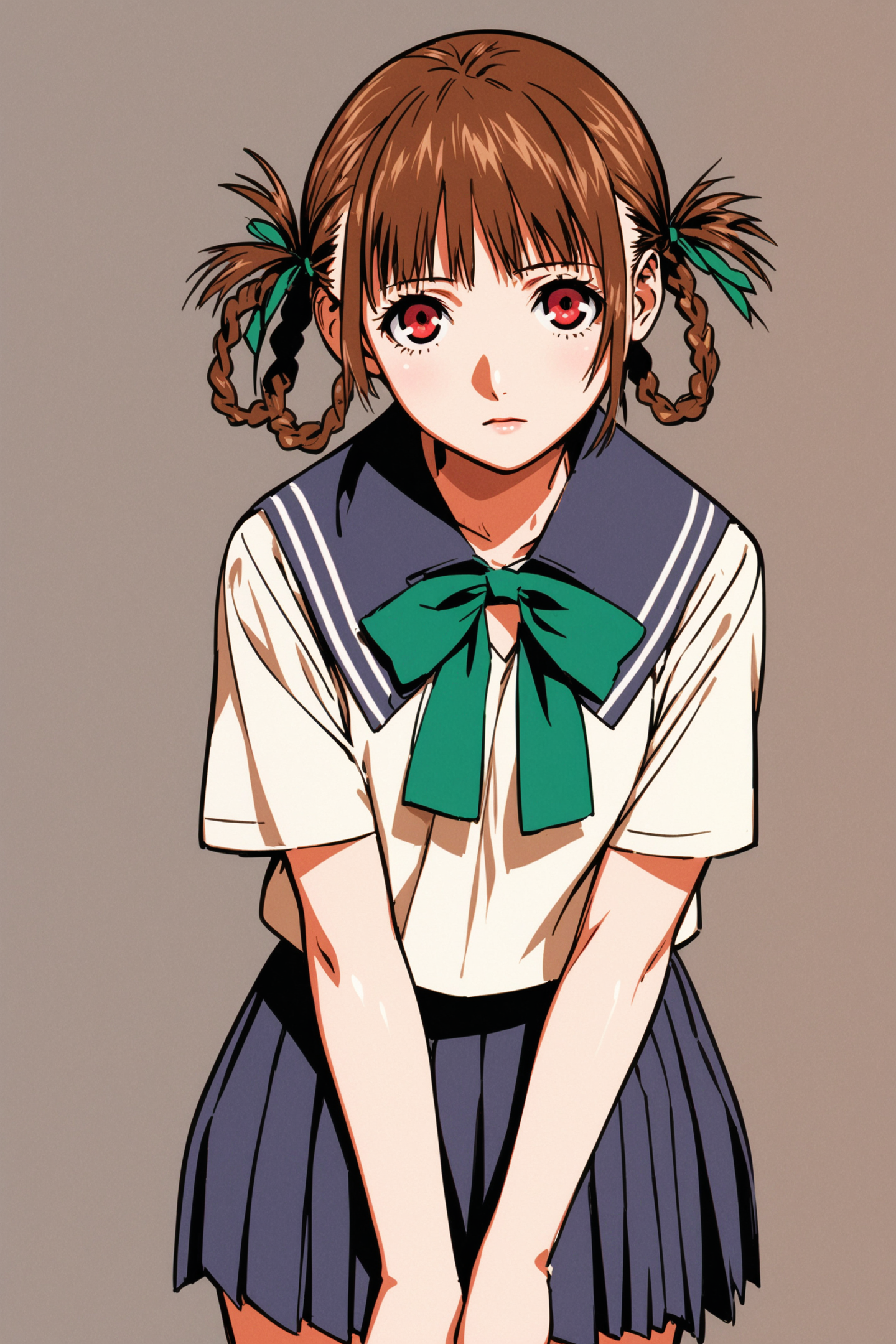 Sawa,school uniform,braid,brown hair,skirt,1girl,red eyes,braided hair rings,green ribbon,solo,pleated skirt,v arms,twin braids,looking at viewer,hair rings,<lora:Yasuomi Umetsu_XL:0.8>,