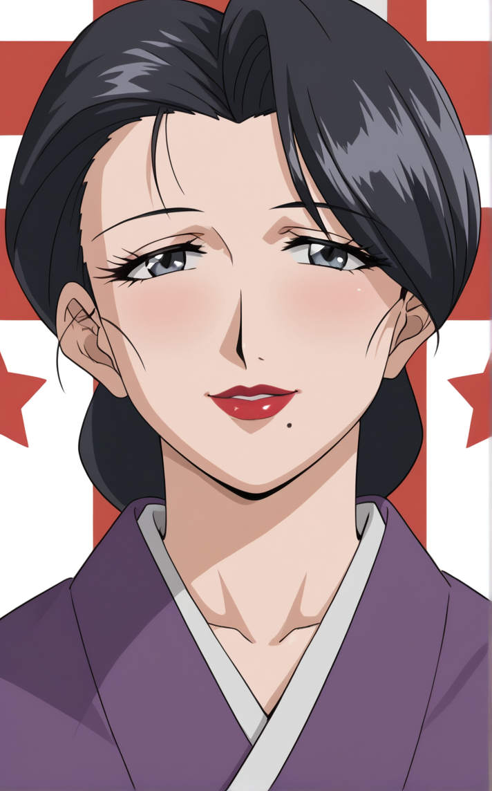 score_9, score_8_up, score_7_up, portrait, american flag, flag background, smile, vertical stripes, striped, star symbol,   <lora:PONYXL_MistreatedBride_SumieTakayanagi_ownwaifu:1>, BREAK PurpleKimono_SumieTakayanagi_ownwaifu, 1girl, black hair, breasts, grey eyes, japanese clothes, lipstick, makeup, mature female, mole under mouth, purple kimono, red lips, single hair bun, obi, sash, short hair, long sleeves, collarbone, hair bun, eyelashes, lips, swept bangs, wedding ring, wide sleeves, white skin,<lora:add-detail-xl:0.15>,
