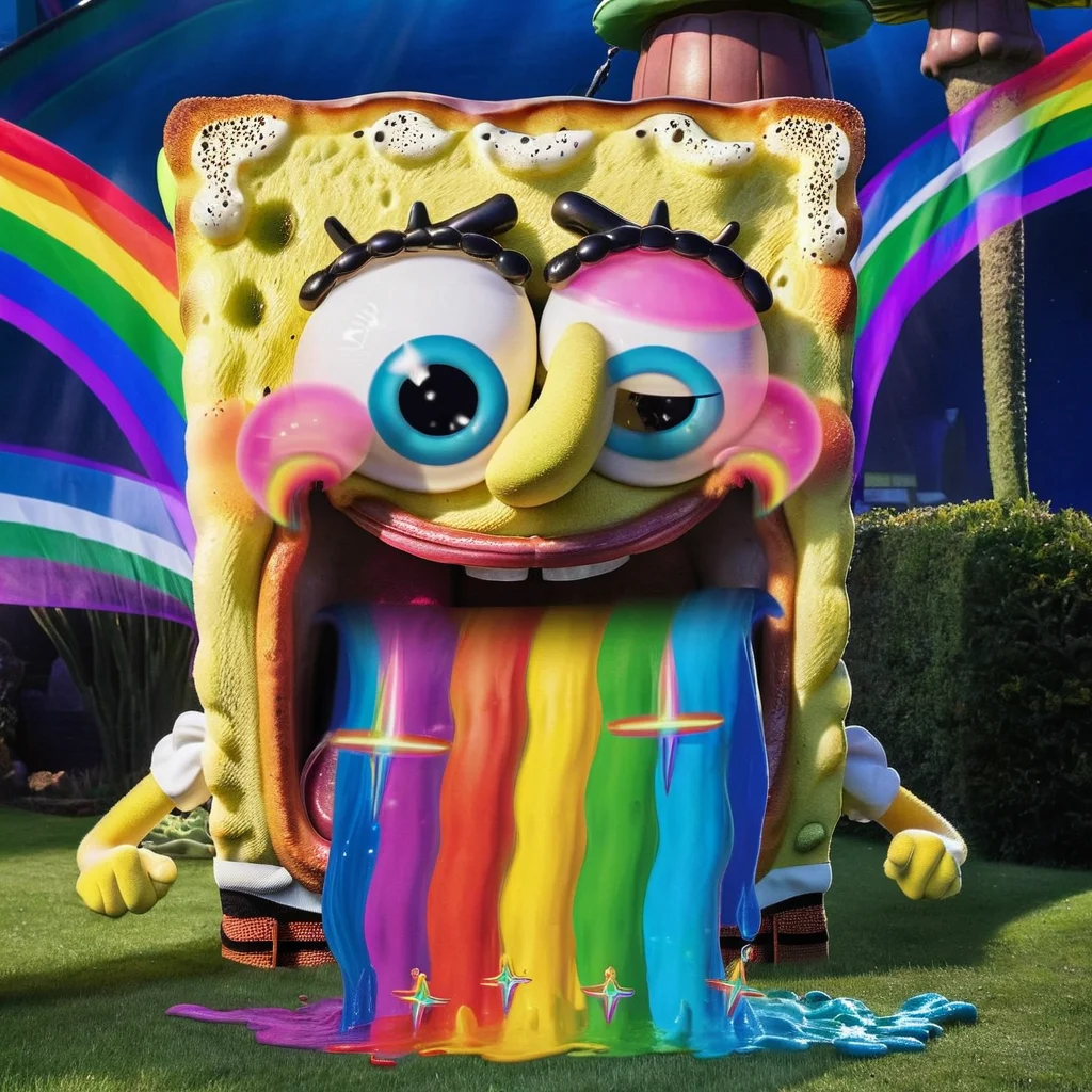 real photo of a ukj style spongebob, oozing rainbow stream from large open mouth, hilarious <lora:rainow_sdxl_ukjstyle_v111602-000003:1>