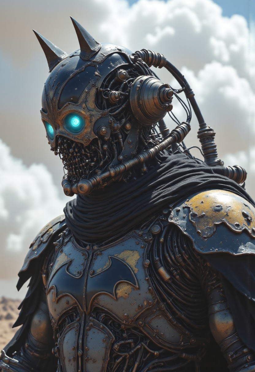 A cpstyle DARK moody hyperdetailed Fantasy closeup portrait dmpfm07 of a steam-driven steampunk Batman, his imposing cowl forged from interlocking brass plates, reinforced rivets, and a labyrinth of pressurized piping. The bat-eared helmet, a fusion of Victorian ingenuity and industrial brutality, features a translucent glass visor, fogged from within, revealing a network of oscillating mechanical gauges, pressure valves, and articulated servo mechanisms calibrating in real time. Hydraulic pistons twitch subtly beneath the armored frame, while a compact but hyper-complex combustion unit embedded at the base chugs erratically, releasing bursts of dense, inky-black vapor. His segmented pauldrons and armored chestplate are adorned with finely wrought filigree and rust-laced patina, exuding an aura of gothic grandeur. Monochromatic with neon blue luminescent highlights piercing through the industrial haze, the bat emblem on his chest flickers with arcane energy. The sunlit desert backdrop is choked with synthetic white dust clouds, billowing with a glitching, voxel-based texture. Expanding pixel distortions weave through the 3D game-art composition, rendering the environment into a fragmented, dystopian machine-scape. dfmstyle.