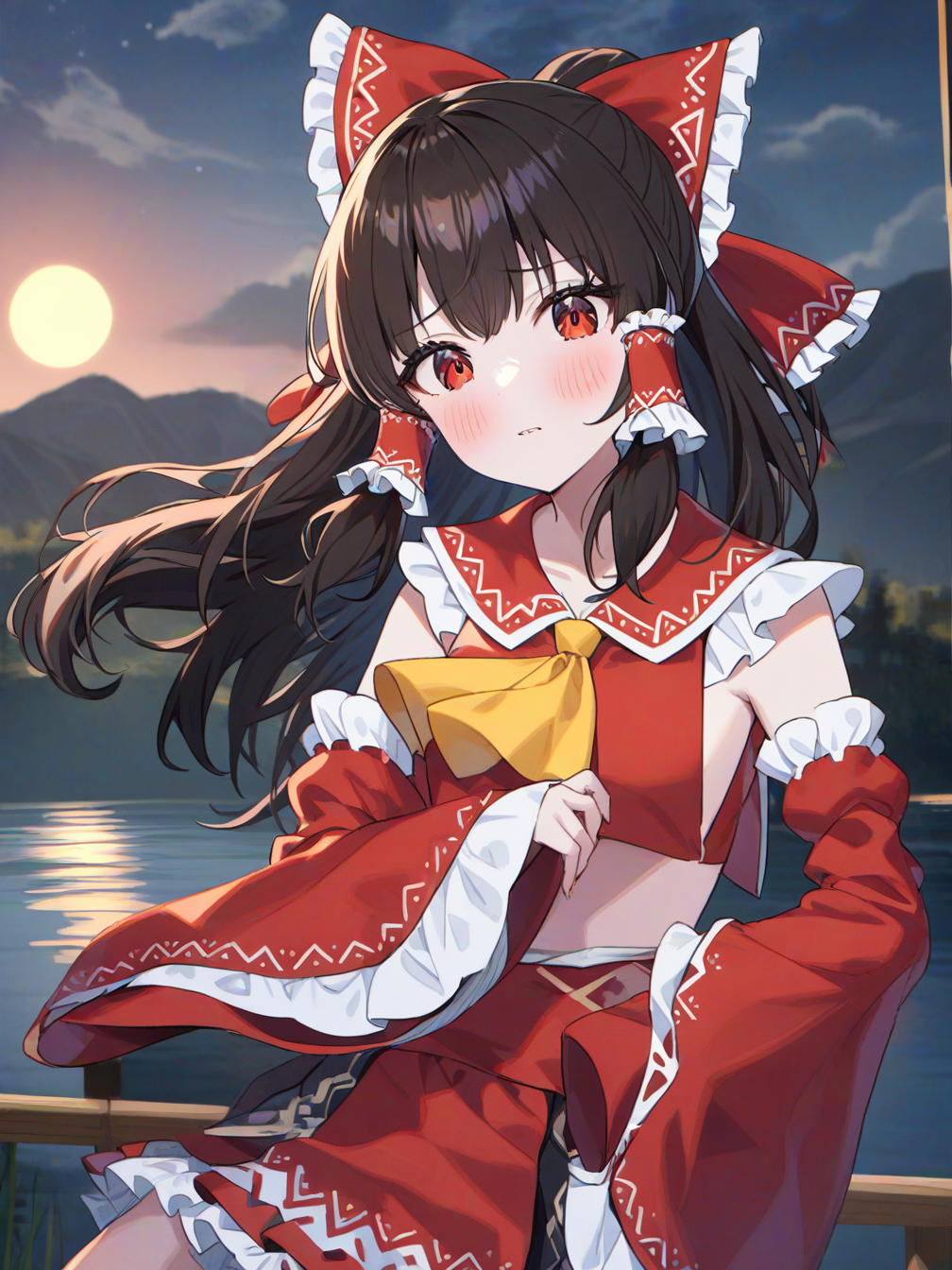 hakurei reimu,1girl,solo,looking at viewer,blush,skirt,black hair,red eyes,long sleeves,bow,ribbon,hair bow,frills,detached sleeves,wide sleeves,red bow,sleeves past wrists,ascot,hair tubes,moon,adapted costume,yellow ascot,outdoors, landscape, lake, 
<lora:ag31-momoimon_1-000040:1>,