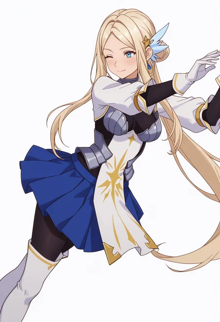 Smooth Quality,masterpiece,very intricate, high quality details, ultra realistic, high detailed skin,detailed enviorement,absurdres,
simple background, white background, dancing, solo,sideways,
 <lora:Krishna_CNR:0.8> krishna_cnr, 1girl,blonde hair,very long hair,single hair bun, sidelocks, parted bangs, blue eyes, breasts,white hair ornament, earrings,armor, breastplate, armored dress, blue skirt, pleated skirt,white gloves, black pantyhose,white thigh boots,, flustered,, ;),