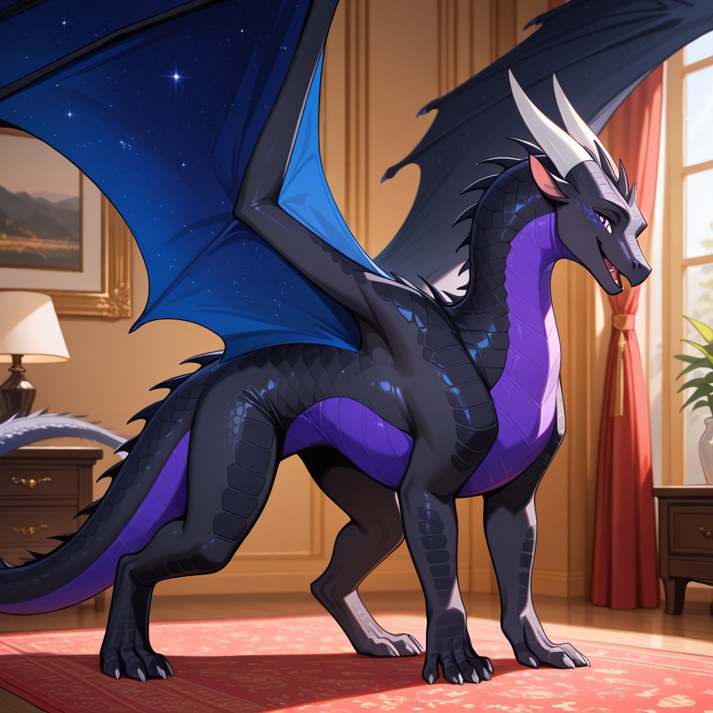 1girl, highres, absurdres, newest, masterpiece, best quality, furry, Nightwing_wof, dragon, western_dragon, black scales, wings, spread_wings, tail, horns, claws, starry wings, purple underbelly, purple eyes, (feral:1.3), standing, (on_fours:1.3), open_mouth, smile, from side, luxurious detailed room, bright room, day scene, professional lighting, solo, furry_female, smiling, seductive, looking_at_viewer, masterpiece, safe, close up