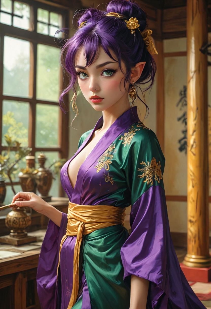 style of Karol Bak, Adam Hughes, Boris Vallejo, Julie Bell, Norman Rockwell, 
{
1woman,
25 year old, 
Vanellope
(Pointy Ears:1.3),
Purple hair,
(Green eyes,:1.3)
Makeup,
Big Round Eyes,
Fake Eyelashes,
fleshy big lips,
}
(ponytail:1.2), (Very long ponytail:1.1), flat chest, small waist, small ass, small hips, thin legs(skinny:1.1), (long legs,:1.1) (slender body:1.1), 
(japanese dojo, Buddhist temple, shinto shrine, interior background:1.1)
sexy shaolin clothes, purple clothes, loose silk robes, wide sleeves, plunging neckline, covered nipples, tied at waste, side split, gold trim
