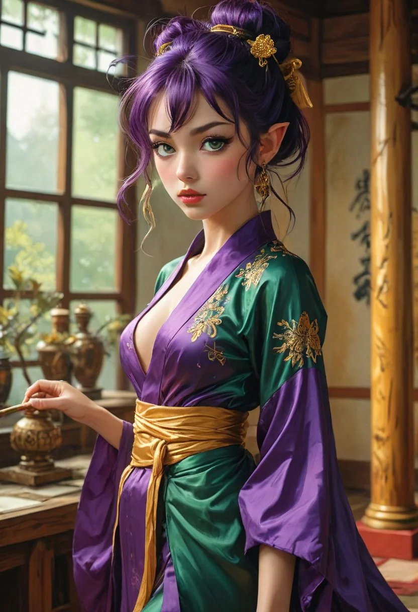 style of Karol Bak, Adam Hughes, Boris Vallejo, Julie Bell, Norman Rockwell,
{
1woman,
25 year old,
Vanellope
(Pointy Ears:1.3),
Purple hair,
(Green eyes,:1.3)
Makeup,
Big Round Eyes,
Fake Eyelashes,
fleshy big lips,
}
(ponytail:1.2), (Very long ponytail:1.1), flat chest, small waist, small ass, small hips, thin legs(skinny:1.1), (long legs,:1.1) (slender body:1.1),
(japanese dojo, Buddhist temple, shinto shrine, interior background:1.1)
sexy shaolin clothes, purple clothes, loose silk robes, wide sleeves, plunging neckline, covered nipples, tied at waste, side split, gold trim