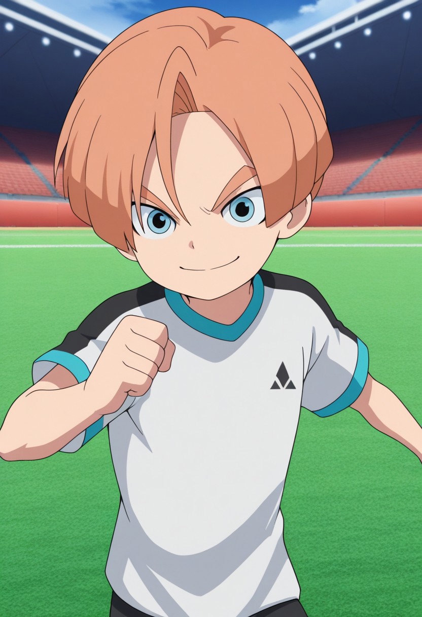 masterpiece,best quality,amazing quality, source_anime,
malikkuabel, 1boy, male focus, solo, blue eyes, orange hair, orion trainee soccer uniform, white shirt, smile, determined,
outdoor, stadium, grass,