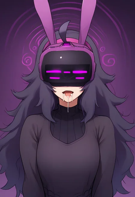 high quality, good quality, perfect quality, amazing quality, high res, masterpiece, score_9, score_8_up, score_7_up, source_anime, best quality, hex maniac, hairband, messy hair, purple hair, purple hairband, black dress, dress, long dress, long sleeves, juliet sleeves, zkovisor, hypnotic visor, helmet, rabbit ears, :), mind control, hypnosis, saliva, drooling, spiral, eyes covered