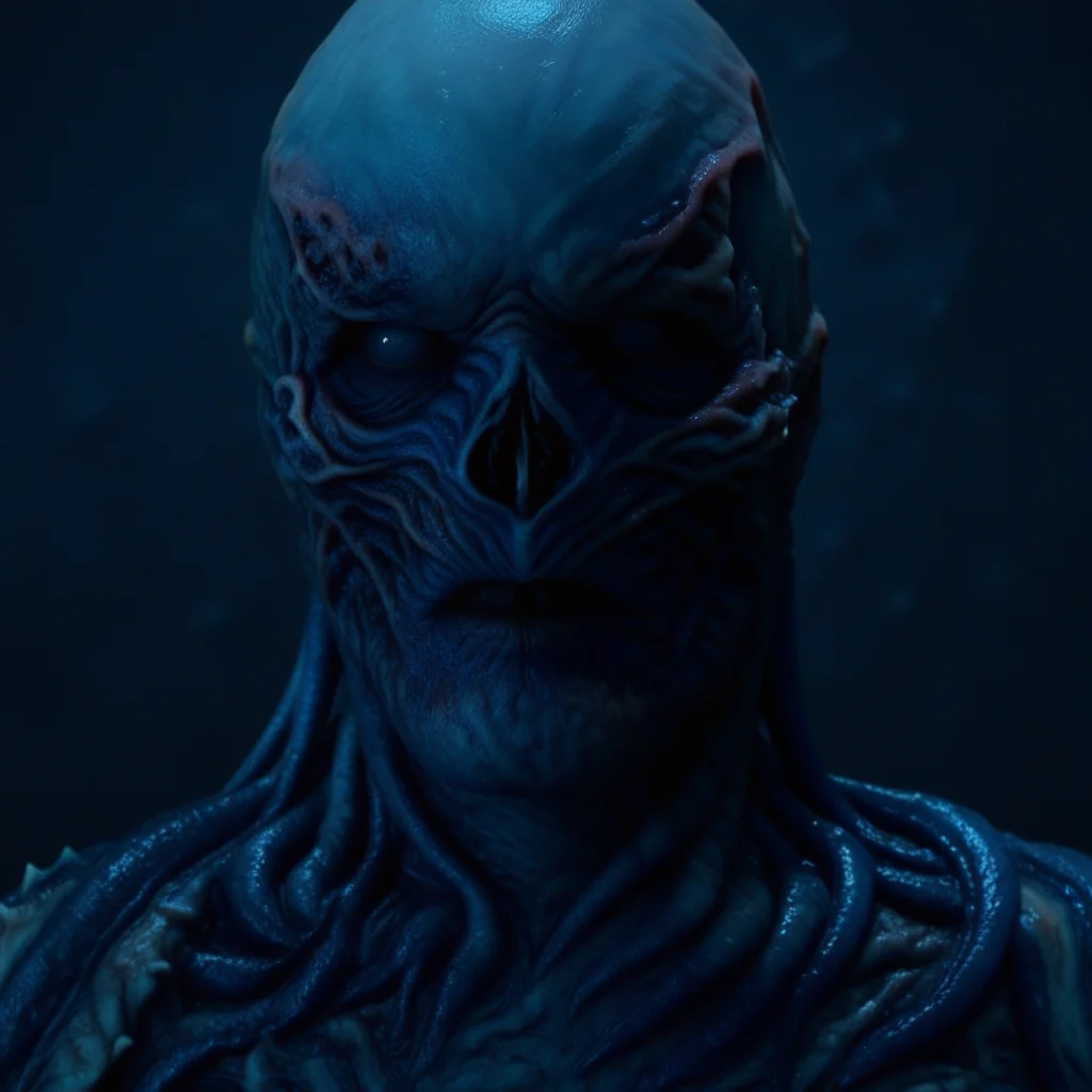 vecnastrangerthings, vecnastrthg, vecstrangthing, portrait of a character, horror monster with corpse-like skin and skeletal mouth, cracked flesh, gray eyeless stare, bald and featureless head, demonic anatomy, organic-looking textures, deep shadows, minimal background with soft blue mist, photorealistic lighting