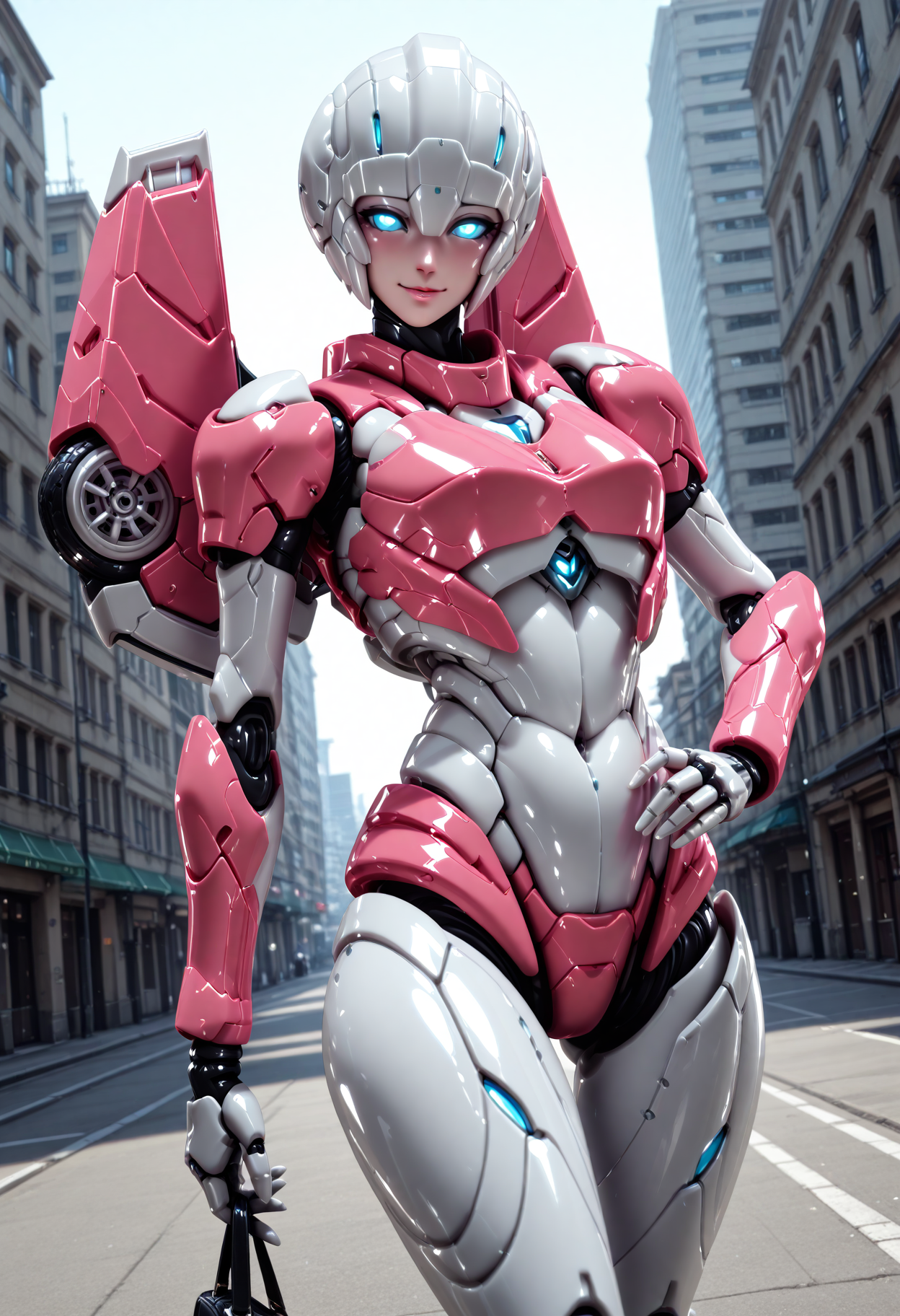 masterpiece, best quality, good quality, very aesthetic, hyper detailed, digital painting, trending on ArtStation, absurdres, newest, 8K, anime screencap, anime coloring, detailed background, offical art, very aesthetics of fine arts, <lora:spo_sdxl_10ep_4k-data_lora_webui:1>, lazypos, <lora:Latex_MBA_style:1>, perfect anatomy, <lora:prompt_extend:1>, <lora:wai-Rectified-s:1>, 
<lora:furaiarceeTF-IL:1>, furaiarcee\(transformers\), 1girl, mecha, robot, autobots, blue eyes, glowing eyes, no pupils, breasts, solo, no humans, science fiction, <lora:handPatchUnet:1>, detailed_hands, elegant_fingers, (petite), cute face, makeup, looking at viewer, dynamic angle, cowboy shot, smile, outdoors, serene, blush, lovely, cool, posing, front angle, city square, looking at viewer, sunlight, bag, handbag, ultra_beautiful