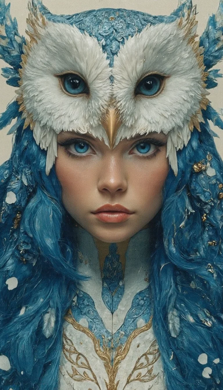 This is a highly detailed digital illustration featuring a close-up portrait of a young woman with a mystical, otherworldly appearance. Her skin is pale with a rosy blush, and she has striking blue eyes that are wide and expressive. Her face is adorned with a large, intricate owl mask that covers her forehead and nose, with large, detailed eyes and a textured, feathery appearance. The mask is predominantly white with shades of blue and gold, blending seamlessly with her long, flowing hair which is a mix of blue and white, resembling feathers.
The woman's hair is styled in a way that mimics the feathers of an owl, with a few golden accents scattered throughout. Her lips are full and slightly parted, adding a touch of vulnerability to her otherwise enigmatic expression. She wears a high-collared, ornate garment that is predominantly white with blue and gold accents, resembling armor or a fantasy costume. The fabric is intricately detailed with patterns and textures that enhance the fantastical nature of the piece. The background is a soft, off-white color, allowing the focus to remain on the woman's face and the intricate details of her mask and attire. The overall style is a blend of realism and fantasy, with a focus on texture and detailed craftsmanship.