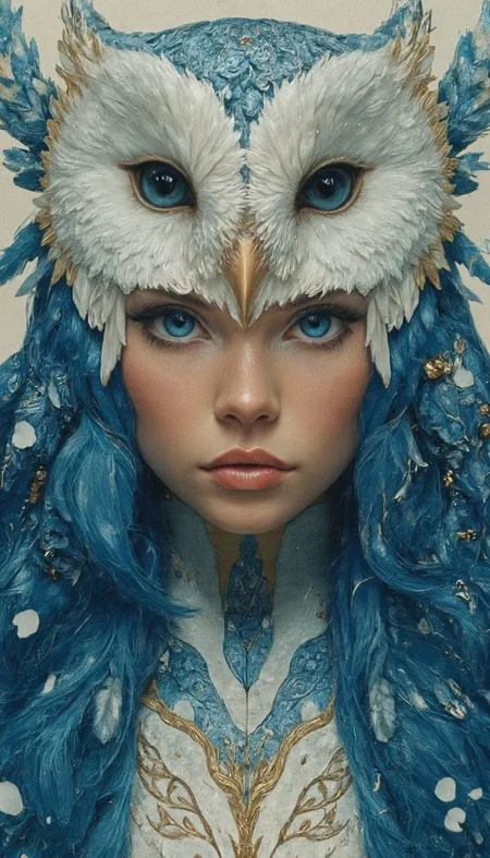 This is a highly detailed digital illustration featuring a close-up portrait of a young woman with a mystical, otherworldly appearance. Her skin is pale with a rosy blush, and she has striking blue eyes that are wide and expressive. Her face is adorned with a large, intricate owl mask that covers her forehead and nose, with large, detailed eyes and a textured, feathery appearance. The mask is predominantly white with shades of blue and gold, blending seamlessly with her long, flowing hair which is a mix of blue and white, resembling feathers.
The woman's hair is styled in a way that mimics the feathers of an owl, with a few golden accents scattered throughout. Her lips are full and slightly parted, adding a touch of vulnerability to her otherwise enigmatic expression. She wears a high-collared, ornate garment that is predominantly white with blue and gold accents, resembling armor or a fantasy costume. The fabric is intricately detailed with patterns and textures that enhance the fantastical nature of the piece. The background is a soft, off-white color, allowing the focus to remain on the woman's face and the intricate details of her mask and attire. The overall style is a blend of realism and fantasy, with a focus on texture and detailed craftsmanship.