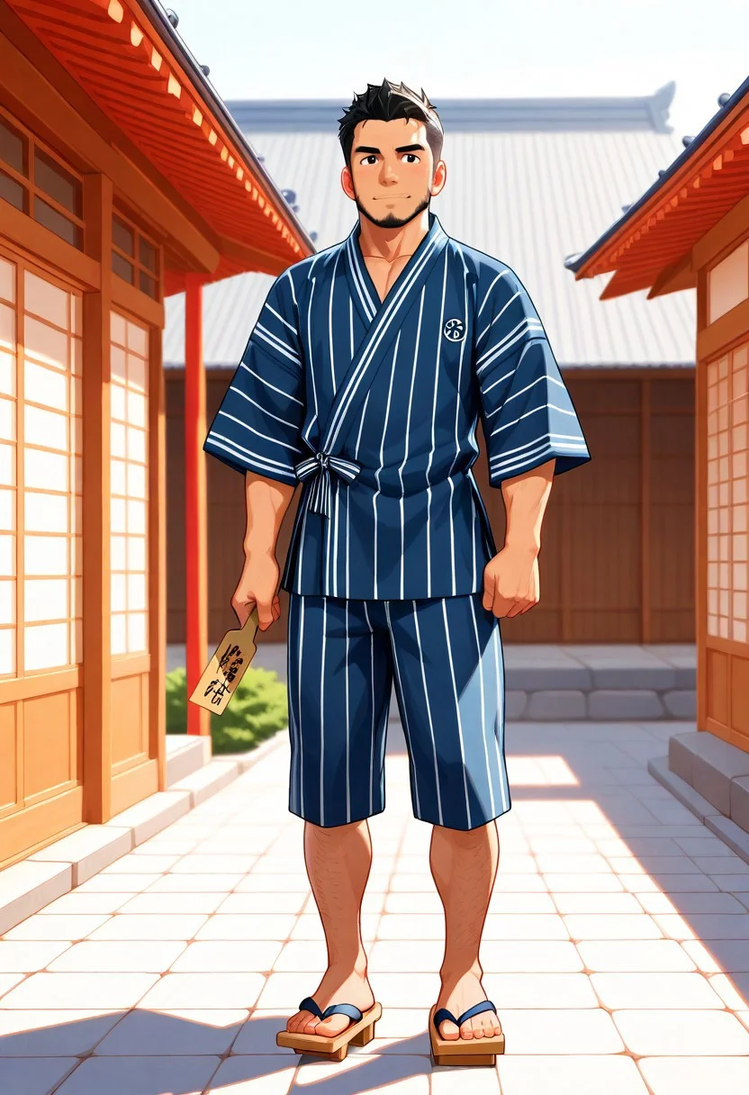 score_9, score_8_up, score_7_up, score_6_up, perfect anatomy, perfect proportions, best quality, masterpiece, high_resolution, high quality, aesthetic, absurdres, (male focus, solo male, adult, mature, masculine, manly, virile, hunky, macho, beefy, gay, homo, bara), handsome, charming, alluring, heroic, triumphant, grim, stern, BREAK (asian male, japanese male:1.3), black eyes, black hair, short hair, facial hair, beard, fit, BREAK Hannekenjinbei, japanese clothing, blue striped jinbei, jinbei_yarn_knitting_on_sleeves \(jinbei clothes part\), detached_jinbei_sleeves, wide_jinbei_sleeves, short_jinbei_sleeves, side-knot closure clothing, hanzubonhalf, half pants \(jinbei\) , jinbei half pants \(japanese clothing\), japanese slippers \(footwear\), geta, blurred background, japanese architecture, washitsu \(japanese-style room\), engawa \(japanese architecture\), movie still, perfect face, vibrant, vivid, stardom, glamorous, retro, old fashioned, old technicolor film style, film grain, aged film stock, extraordinary achievement, award-winning, expressionist, cinematic, cinematic still, emotional, harmonious, vignette, bokeh, cinemascope, moody, epic, gorgeous 