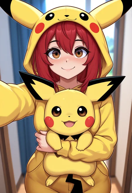 masterpiece,best quality,amazing quality, sc4rl, 1girl, pikachu \(cosplay\), looking at viewer, holding pokemon, pichu, smile, selfie, red hair, brown eyes,