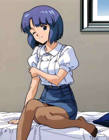 <lora:pony_xl_miki>,miki,score_9,score_8_up,score_7_up,source_anime,1girl,best quality,masterpiece,super fine illustration,solo,white shirt,puffy sleeves,pencil skirt,denim_skirt,pantyhose,indoor,bed_sheet,window_,curtains,cowboy_shot,sitting,hand_between_legs,wariza,knees_together_feet_apart,smile,one eye closed,