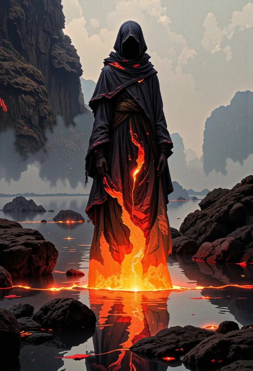 This is a digital artwork rendered in a highly detailed, surreal style, likely CGI. The scene depicts a solitary figure standing at the edge of a misty, reflective body of water, which could be a lake or sea. The figure is a humanoid silhouette draped in a flowing, translucent, metallic fabric that glows with intense, ethereal light. The fabric appears to be a deep, dark color, almost black, but it's illuminated by an inner glow that shifts through shades of red, orange, and yellow, creating a mesmerizing, almost lava-like effect. The figure's face and features are obscured, adding to the mysterious and otherworldly atmosphere. The fabric drapes around the figure, creating a sense of movement and fluidity. The ground beneath the water's edge is rough and rocky, with a texture that suggests a natural, possibly volcanic origin, enhancing the fiery theme of the scene. In the background, there are rugged, misty cliffs and a faint, hazy horizon, indicating a dramatic, possibly volcanic or geothermal landscape. The sky above is overcast, with a soft, muted light that enhances the eerie, otherworldly mood. The reflection of the glowing figure in the water mirrors its fiery appearance, doubling the intensity of the scene.