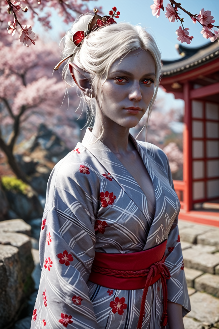 score_9, score_8_up, score_7_up, score_6_up
<lora:BGMinthara:1.0>
BGMinthara, 1girl, white hair, pointy ears, red eyes, grey skin, looking at viewer, yukata, japan, cherry blossoms, hair ornament