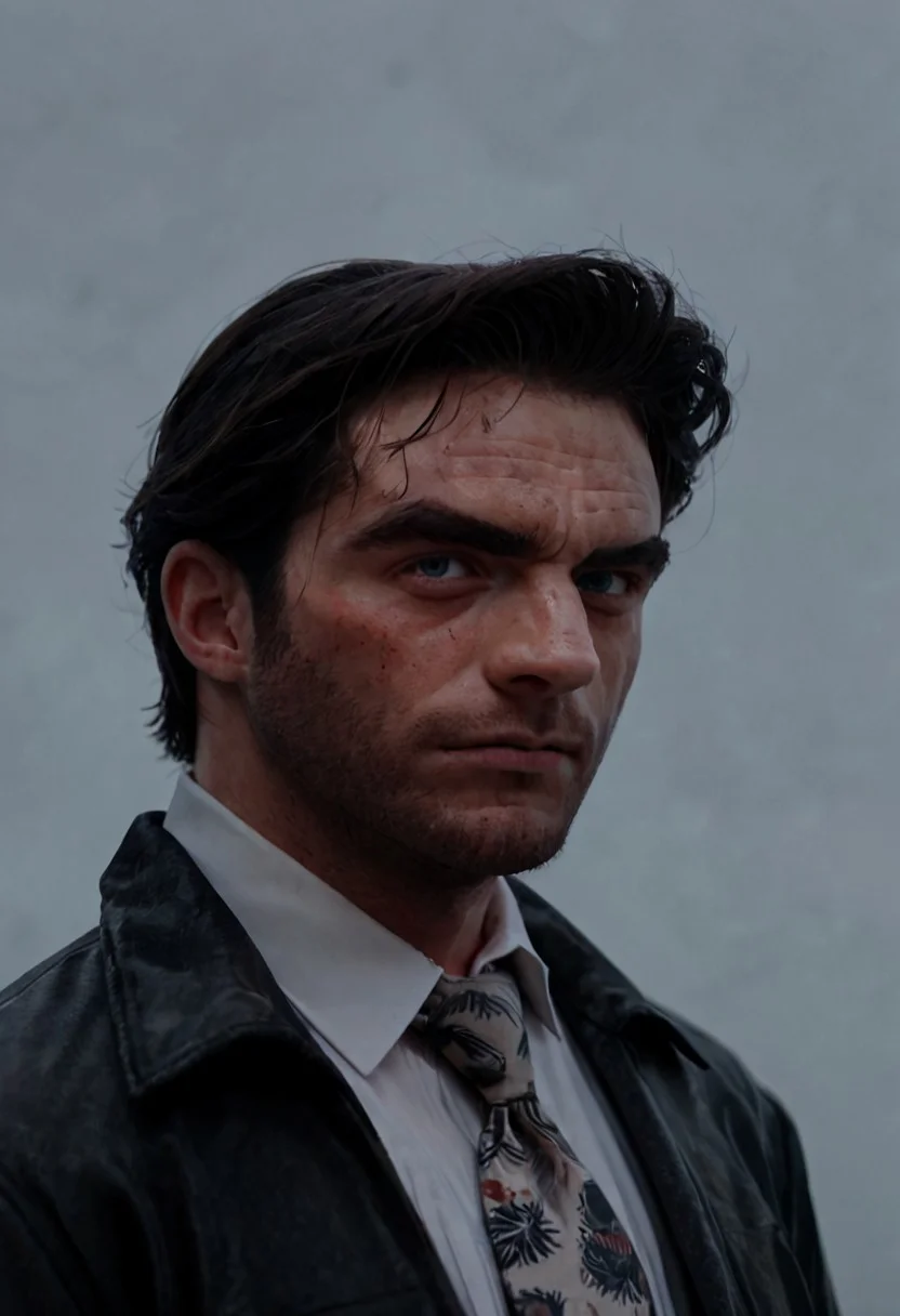 score_9, score_8_up, score_7_up, score_6_up, score_5_up, score_4_up, source_anime, max_payne2, 1boy, upper body, black jacket, white collared shirt, multicolored necktie