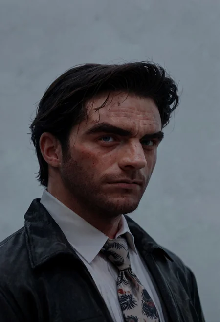 score_9, score_8_up, score_7_up, score_6_up, score_5_up, score_4_up, source_anime, max_payne2, 1boy, upper body, black jacket, white collared shirt, multicolored necktie