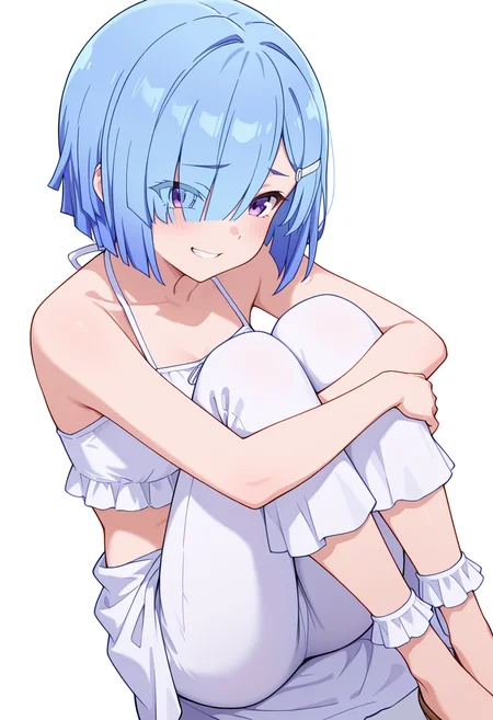 masterpiece,high quality details, absurdres,
<lora:Imose_Mimika:0.8>
mimika_cnr, 1girl, blue hair, short hair, hair over one eye, purple eyes,eyes visible through hair,hairclip,, simple background, white background, dutch angle,solo,, sad smile,clenched teeth,, seated with legs folded under,standing pose,elegant silhouette,, girdle,sarong,pants,,frilled legwear,
