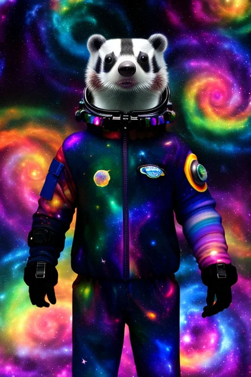 (Darkly iridescent:1.05), Galaxies, spirals, nebulae, stars, smoke, intensely iridescent, shape of a badger in a (spacesuit), colorful octane render, a hyperrealistic Lisa Frank