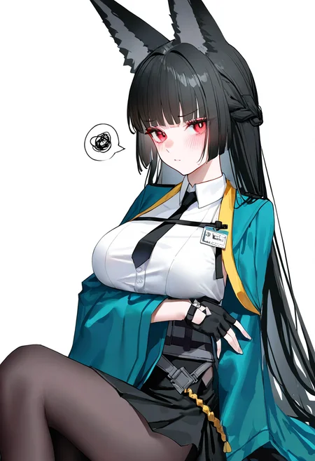 1girl, hoshimi miyabi, solo, pantyhose, necktie, gloves, breasts, fingerless gloves, spoken squiggle, white background, black necktie, black skirt, black gloves, simple background, shirt, skirt, blush, squiggle, braid, closed mouth, collared shirt, wide sleeves, large breasts, white shirt, black pantyhose, sitting, id card, arm under breasts, aqua jacket, looking at viewer, french braid, fox girl
(artist:reoen:0.826446),artist:machi,(artist:ningen_mame:0.9),(artist:sho_(sho_lwlw):0.9),(artist:rhasta:0.9),(artist:wlop:0.7),(artist:ke-ta:0.6),(fkey:0.5),(tianliang duohe fangdongye:0.5),(hiten \(hitenkei\):0.6),best quality,amazing quality,(artist:onineko:0.826446),very aesthetic,
masterpiece,year 2024,newest,highres,absurdres,
<lora:xingjianya_NoobVpred65S:1>,