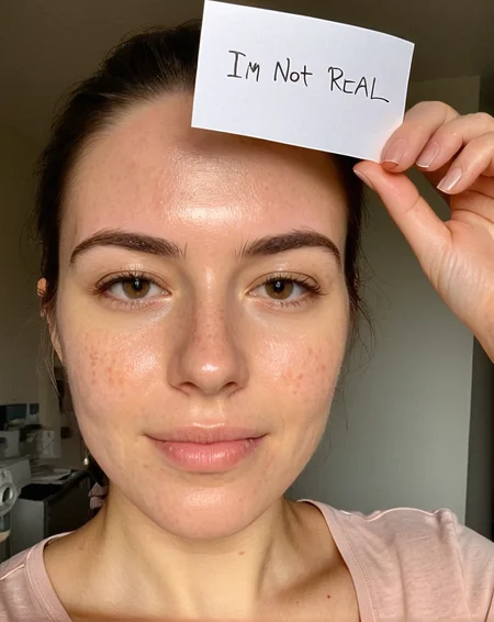 phone camera photo of a plain 30yo woman holding a pice of paper with handwritten text '' i'm not real'' detailed skin texture, (blush:0.2), (goosebumps:0.3), subsurface scattering, highly detailed skin, skin inperfections, mole, dirty skin, sweat, scar, acne