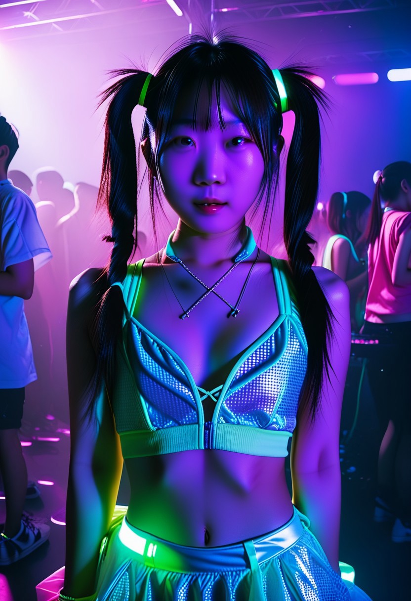 woman, asian, at a rave, low light, r4veclothes, r4ver, twintails