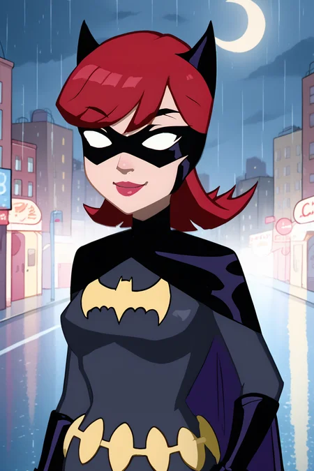 batgirl, 1girl, solo, smile, black mask, white eyes, no pupils, red hair, lipstick, red lips, black cape, bat print, black bodysuit, utility belt, black gloves, looking at viewer, upper body, raining, rain, night, city, street, moon, zPDXL, <lora:Batgirl:0.9>, <lora:Leisure_Suit_Larry:1>