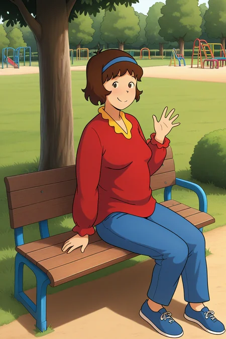 masterpiece, best quality, amazing quality, absurdres, solo, cailloudoris, smile, closed mouth, sitting, looking at viewer, waving, short brown hair, blue hairband, red shirt, blue pants, blue shoes, outdoors, playground, bench, tree, grass