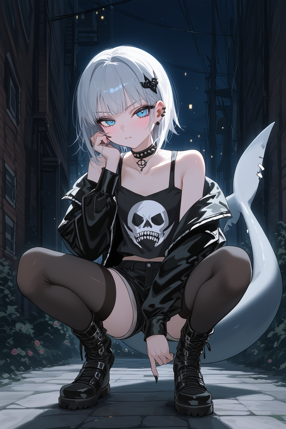 score_9, score_8_up, score_7_up, source_anime, 1girl, (gawr gura:1.1) as a rebellious goth girl, shark tail, (squatting in the shadows:1.1), fleeing, urban alleyway environment, dynamic angle, hot evening air, (atmospheric:1.1), 
BREAK 
stylish cool girl, massive cityscape looms above, grimacing, bored look, slim slender figure, blushing, disgusted, medium hair, trendy goth streetwear, lowrise shorts, thighhigh stockings, leather boots, off-shoulder punk jacket, choker, sharp teeth, 
BREAK 
(white hair:1.1) with streaks, bokeh, dreamy background, highly detailed, absurdres, sensual, pastel-goth aesthetic, dramatic lighting, deep shadows, detailed skin, hair ornament, 1990s \\(style\\), vintage, mystical fog, black rose, intricate wall background, 
<lora:guraXL:0.6>, <lora:add-detail-xl:-0.4>, <lora:OldAnimeStyle_XL_v3:0.5>,