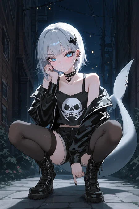 score_9, score_8_up, score_7_up, source_anime, 1girl, (gawr gura:1.1) as a rebellious goth girl, shark tail, (squatting in the shadows:1.1), fleeing, urban alleyway environment, dynamic angle, hot evening air, (atmospheric:1.1), 
BREAK 
stylish cool girl, massive cityscape looms above, grimacing, bored look, slim slender figure, blushing, disgusted, medium hair, trendy goth streetwear, lowrise shorts, thighhigh stockings, leather boots, off-shoulder punk jacket, choker, sharp teeth, 
BREAK 
(white hair:1.1) with streaks, bokeh, dreamy background, highly detailed, absurdres, sensual, pastel-goth aesthetic, dramatic lighting, deep shadows, detailed skin, hair ornament, 1990s \\(style\\), vintage, mystical fog, black rose, intricate wall background, 
<lora:guraXL:0.6>, <lora:add-detail-xl:-0.4>, <lora:OldAnimeStyle_XL_v3:0.5>,