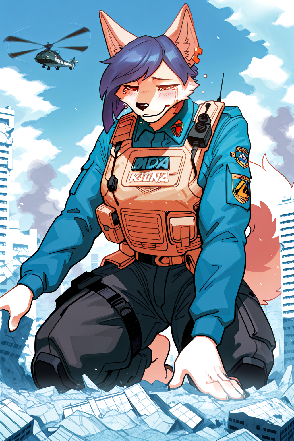 masterpiece, best quality, newest, absurdres, highres, furry, perfect anatomy, (solo), korean_jindo, kirina violet, earrings, (macro:0.4), blue combat shirt, long sleeve, tan plate carrier, black combat pants, MDA patch, kneeling, crying, buildings, destroyed building, helicopters, orange eyes, by pederont
