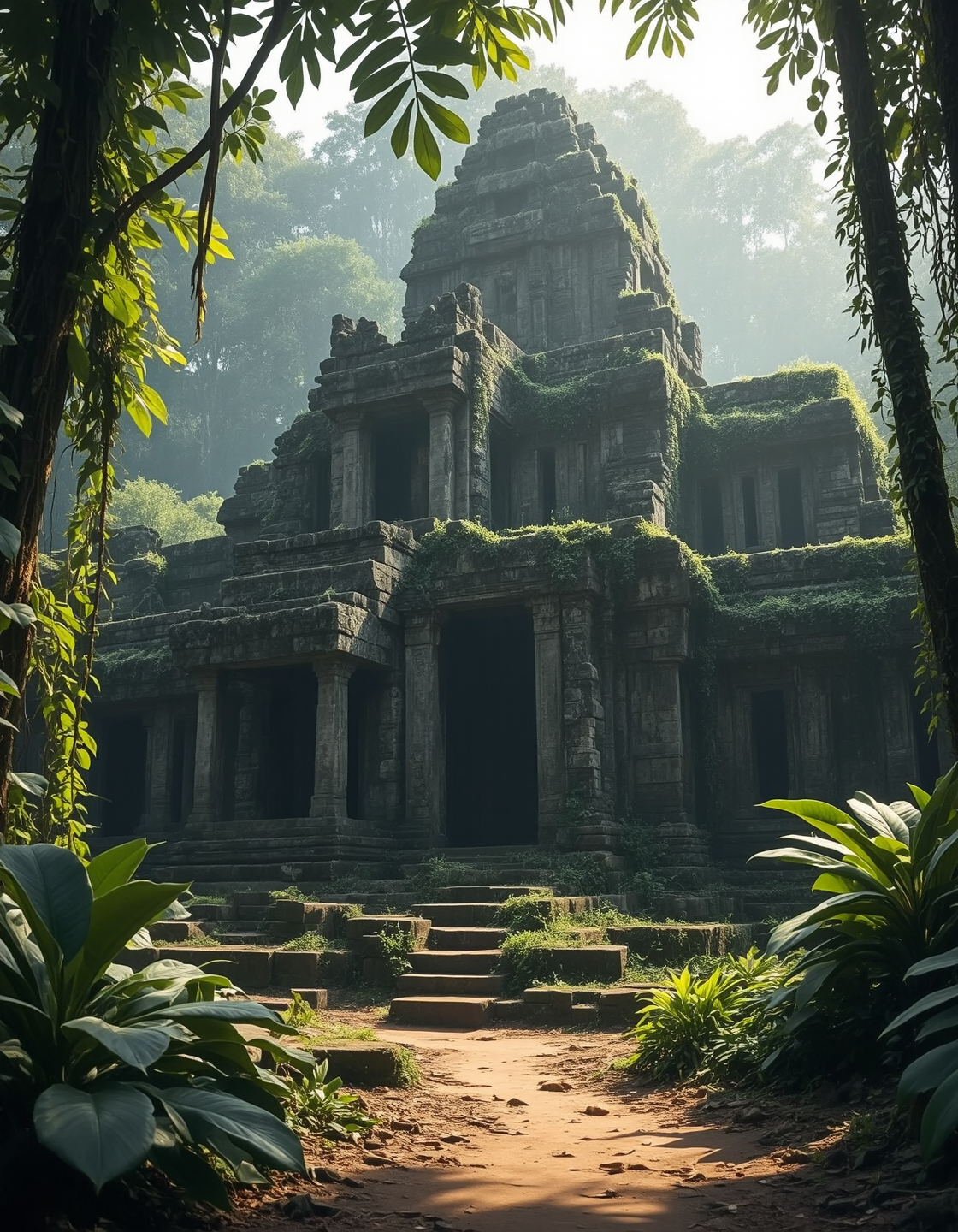 Imagine an image of an overgrown temple deep in the jungle, vines reclaiming ancient stone carvings.