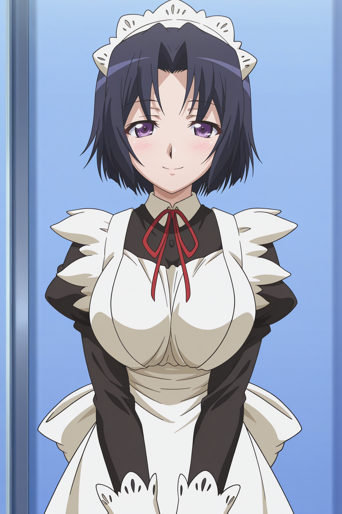 masterpiece, best quality, absurdres, highres, source anime, very aesthetic, very awa, BREAK, anime coloring, anime screencap,
<lora:swing_out_sisters_v1-illustrious_r1:1>, 1girl, chiyo \(swing out sisters\), purple eyes, black hair, short hair, large breasts,
BREAK, looking at viewer, smile,
BREAK,   maid, maid headdress, apron,