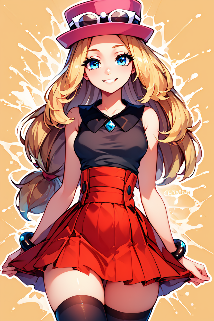 score_9, score_8_up, score_8, medium breasts, (curvy), cute, eyelashes,       BREAK, , zzSerena, solo, long hair, blue eyes, eyewear on headwear, pink headwear, eyelashes, sleeveless shirt, black shirt, bracelet, high-waist skirt, red skirt, black thighhighs,<lora:SerenaPokemon_PDXL_r1:0.8>, , BREAK, smile, looking at viewer,  abstract background, white outline, cowboy shot, embedding:zPDXL, Expressiveh, <lora:CatalystStylePDXL:0.6>,  <lora:SDXLFaeTastic2400:0.5>,  <lora:Expressive_H-000001:0.4>,