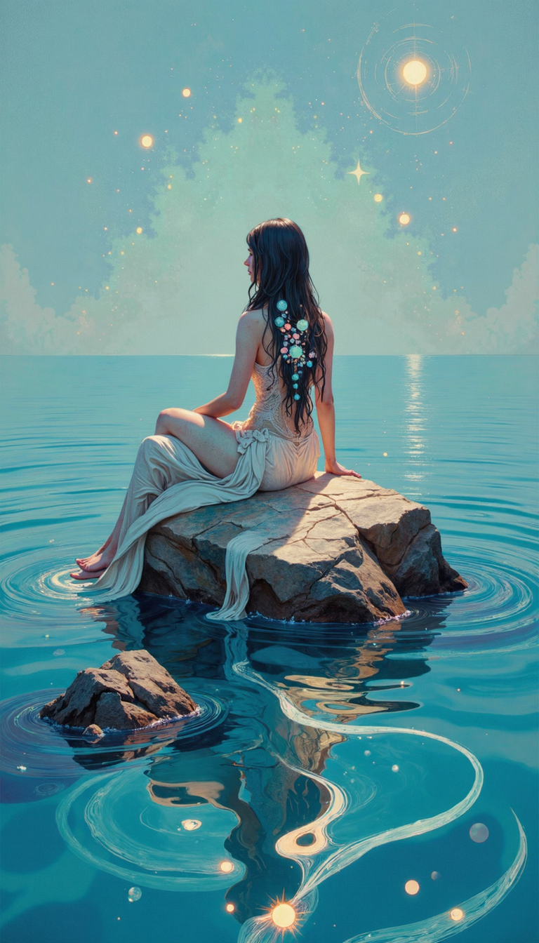 DB4RZ,DB4RZ style painting,a hand-drawn sketch and watercolor style,opalescent inlay,DIGITAL PAINTING,FLUORESCENT, GLOW, A solitary figure with long, dark hair, adorned with a celestial-inspired ornament, reclines upon a partially submerged rock in a cerulean expanse. The individual, facing away from the viewer, is clad in diaphanous drapery that cascades over their form, suggesting a sense of ethereal grace. The figure's reflection shimmers upon the tranquil surface, distorted by the gentle undulation of the water. The scene is bathed in the soft, diffused light of a waning sun, casting long, attenuated shadows across the composition.  The background features a hazy horizon, where the sky melts into the water in a seamless gradient of azure and turquoise. A scattering of celestial bodies, resembling opalescent orbs, punctuates the sky, hinting at the approaching crepuscular hour.  The image evokes a sense of tranquil solitude and the ethereal beauty of twilight.