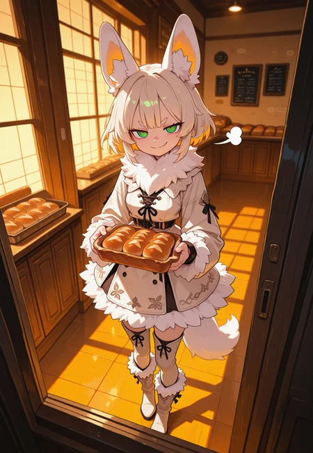 LeIsT0_illu, Flatline, Flat vector illustration, masterpiece, best quality, extremely detailed, very awa, newest,
1girl, solo, short hair, platinum blonde hair, animal ears, green eyes, ringed eyes, neck fur, wing neckline, white fur-trim dress, thigh-high boots, white fur boots,
BREAK
smug, smirk, puff of air, doyagao, v-shaped eyebrows, short eyebrows, thick eyebrows, looking at viewer, holding tongs, bread tongs, from above, 
BREAK 
indoors, bakery, display window, backlight, warm tone, soft shadows, vivid, perspective, intricate background, film grain, depth of field,