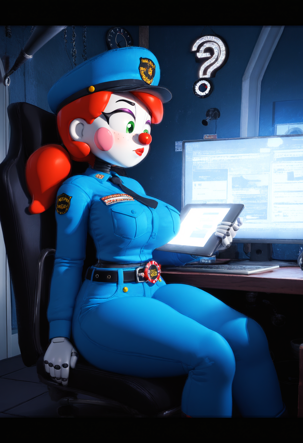 masterpiece, best quality, amazing quality, very aesthetic, absurdres, newest, 3d animation, dynamic lighting, dynamic angle, (realistic:0.7), (lineless:0.6), (detailed:1), dramatic lighting,  close-up, side view,  1girl, so87baby, colored skin, white skin, freckles, green eyes, blush stickers, red nose, makeup, purple eyelids, red lipstick, red hair, low ponytail, animatronic, android, robot joints, curvy, large breasts, small waist, wide hips, thighs,   guard costume, blue shirt, long sleeves, black tie, blue cap, badge, blue pants, belt,  sitting in chair, leaning forward, fist under chin, elbow,  angry, bored, half-closed eyes, looking forward,  office, swivel chair, desk, crumpled papers, flashlight, clock, (monitor, screen:1.2), vents,  <lora:NTR_MIX_4.0_LORA-000007:0>, <lora:anatomy_helper:0>, <lora:Detailer_NoobAI_Incrs_v1:1>, <lora:So87BabyIL-000018:0.85>,