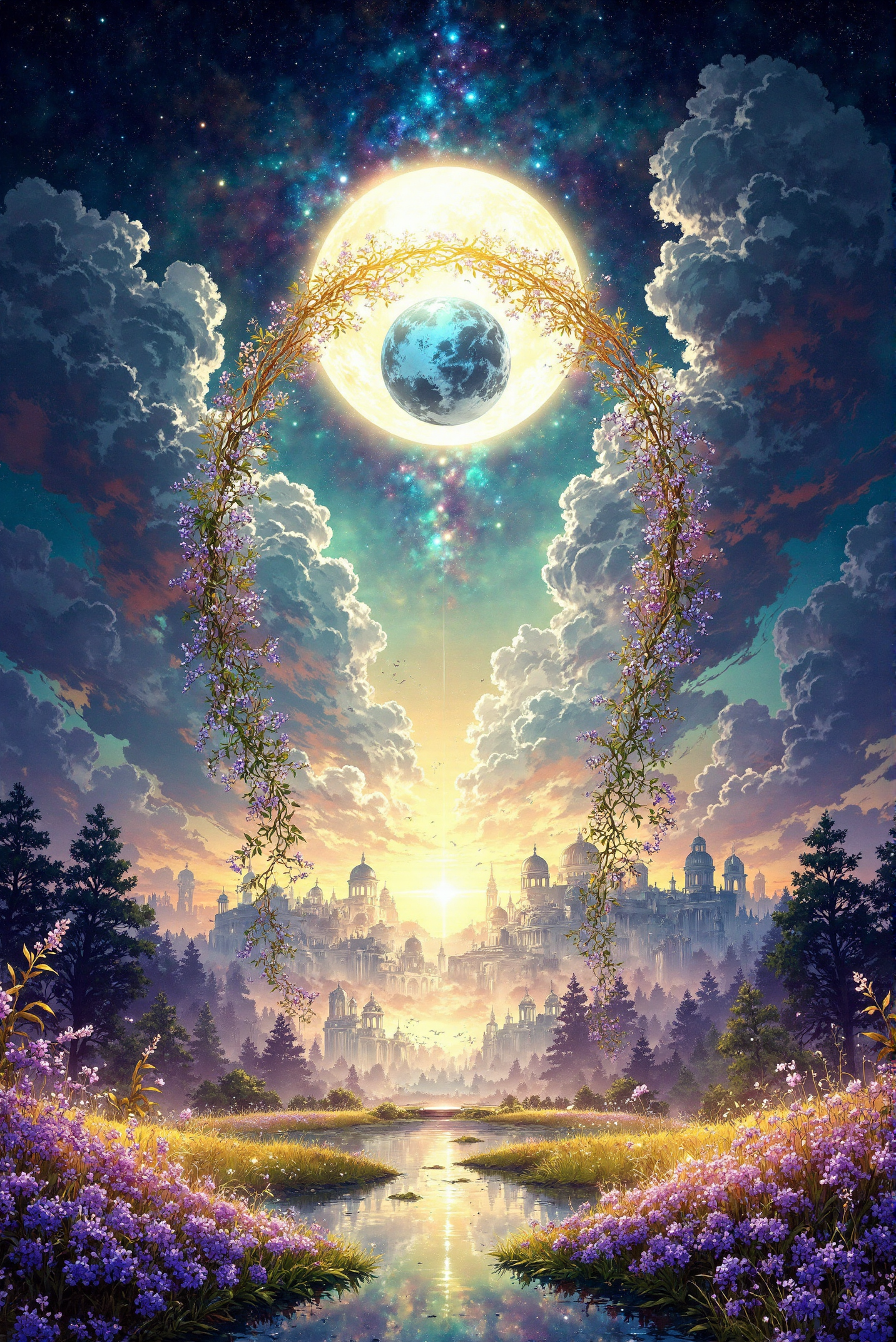 <lora:Vibrantly_sharp_style_v.2:0.8> VibrantlySharp style.   A mesmerizing vertical triptych unfolds, each panel seamlessly transitioning from the terrestrial realm into the vast cosmos, infused with a dreamlike fantasy aesthetic. The first panel, soft and ethereal, is bathed in pastel hues of lavender and gold, where a celestial garden flourishes with delicate blossoms and swirling petals that dissolve into the sky. The architecture of an ancient city peeks through misty clouds, its domes and arches enveloped in the warm glow of dawn. The second panel bridges the earthly and the divine, featuring an expansive celestial arch woven from golden vines and luminous white flowers, curving gracefully around a radiant blue planet suspended in the deep, starry void. The third panel transitions fully into the cosmic realm, where a colossal, glowing full moon casts its silver radiance upon a dreamlike floral arrangement, adorned with celestial ornaments and delicate crystalline tendrils. The entire composition is rendered in a delicate watercolor-meets-digital-fantasy illustration style, balancing intricate linework with soft gradients, creating a sense of divine harmony between nature and the cosmos.