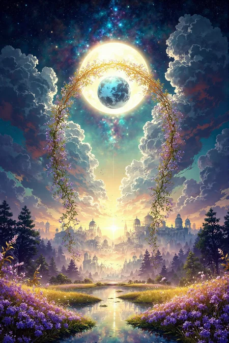 <lora:Vibrantly_sharp_style_v.2:0.8> VibrantlySharp style.   A mesmerizing vertical triptych unfolds, each panel seamlessly transitioning from the terrestrial realm into the vast cosmos, infused with a dreamlike fantasy aesthetic. The first panel, soft and ethereal, is bathed in pastel hues of lavender and gold, where a celestial garden flourishes with delicate blossoms and swirling petals that dissolve into the sky. The architecture of an ancient city peeks through misty clouds, its domes and arches enveloped in the warm glow of dawn. The second panel bridges the earthly and the divine, featuring an expansive celestial arch woven from golden vines and luminous white flowers, curving gracefully around a radiant blue planet suspended in the deep, starry void. The third panel transitions fully into the cosmic realm, where a colossal, glowing full moon casts its silver radiance upon a dreamlike floral arrangement, adorned with celestial ornaments and delicate crystalline tendrils. The entire composition is rendered in a delicate watercolor-meets-digital-fantasy illustration style, balancing intricate linework with soft gradients, creating a sense of divine harmony between nature and the cosmos.