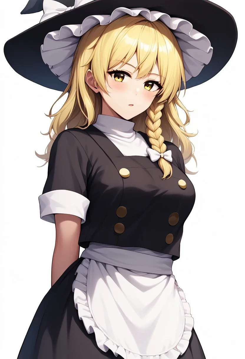 Score_9, score_8_up, score_7_up, score_6_up, score_5_up, source_anime, 1girl, solo, female focus, looking at viewer, upper body, (cowboy shot, white backdrop), kirisame marisa, arm behind back, BREAK, <lora:Inoue_Nanaki_Style:1>, BREAK, blonde hair, yellow eyes, single braid, witch hat, white ribbon, black skirt, black shirt, short sleeves, waist apron, white sleeves, medium breasts,