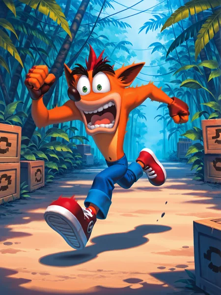score_9, score_8_up, score_7_up, Masterpiece, Best Quality, high quality cg, masterpiece, best quality, solo male, 1boy, male focus, Crash Bandicoot, red hair, blue pants, red shoes, white shoelaces, running, jungle, box crates on ground, panicking, <lora:Crash_Bandicoot_Illustrious_Version-000091:0.9>,