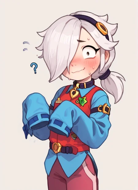score_9, score_8_up, score_7_up <lora:bscolette:1>bscolette , 1 girl , white hair, , ponytail, collar , red vest , blue shirt , long sleeves, purple pants, hair over one eye, hairband, sleeves past fingers, <lora:PossumMachine:1>posmach ,confused, looking at viewer, nervous smile, ??? , blush, sweat, belt