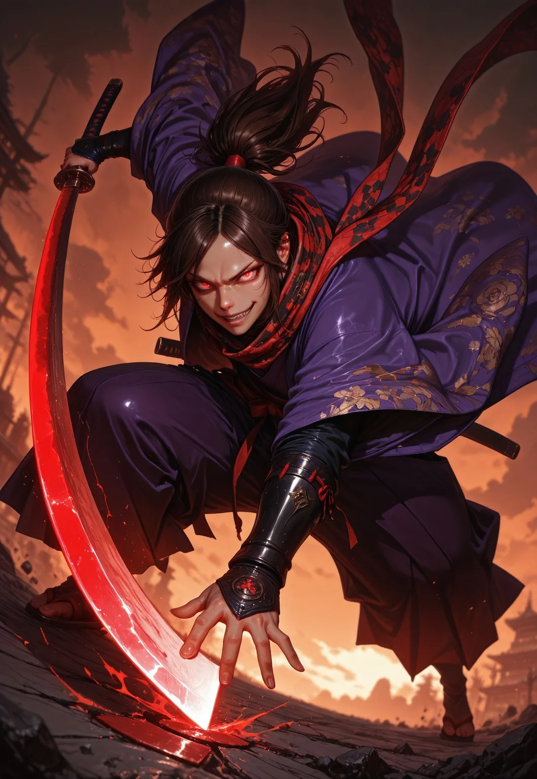 (fine fabric emphasis:1.2), (((masterpiece, amazing quality, best quality, ultra-detailed, 8K, illustration, amazing quality, newest, absurdres, realistic))), highres, very aesthetic, absurd res, hi res, very awa, dynamic angle, refined, volumetric lighting, cinematic lighting, blurry background, close up vivid colors, ((source_realistic:1.6)), hyper detailed, (dynamic pose:1.4), depth of field,
1girl, androgynous, solo, ponytail, long dark brown hair, glowing red eyes, slit pupils, evil smile expression, black and red checker patterned scarf, purple kimono, haori, hakama pants, katana, samurai fantasy battlefield, stormy sky, dynamic pose, intense lighting, detailed background, depth of field, dynamic composition, foreshortening, detailed background, dynamic pose, dynamic composition,dutch angle, detailed backgroud,foreshortening,blurry edges