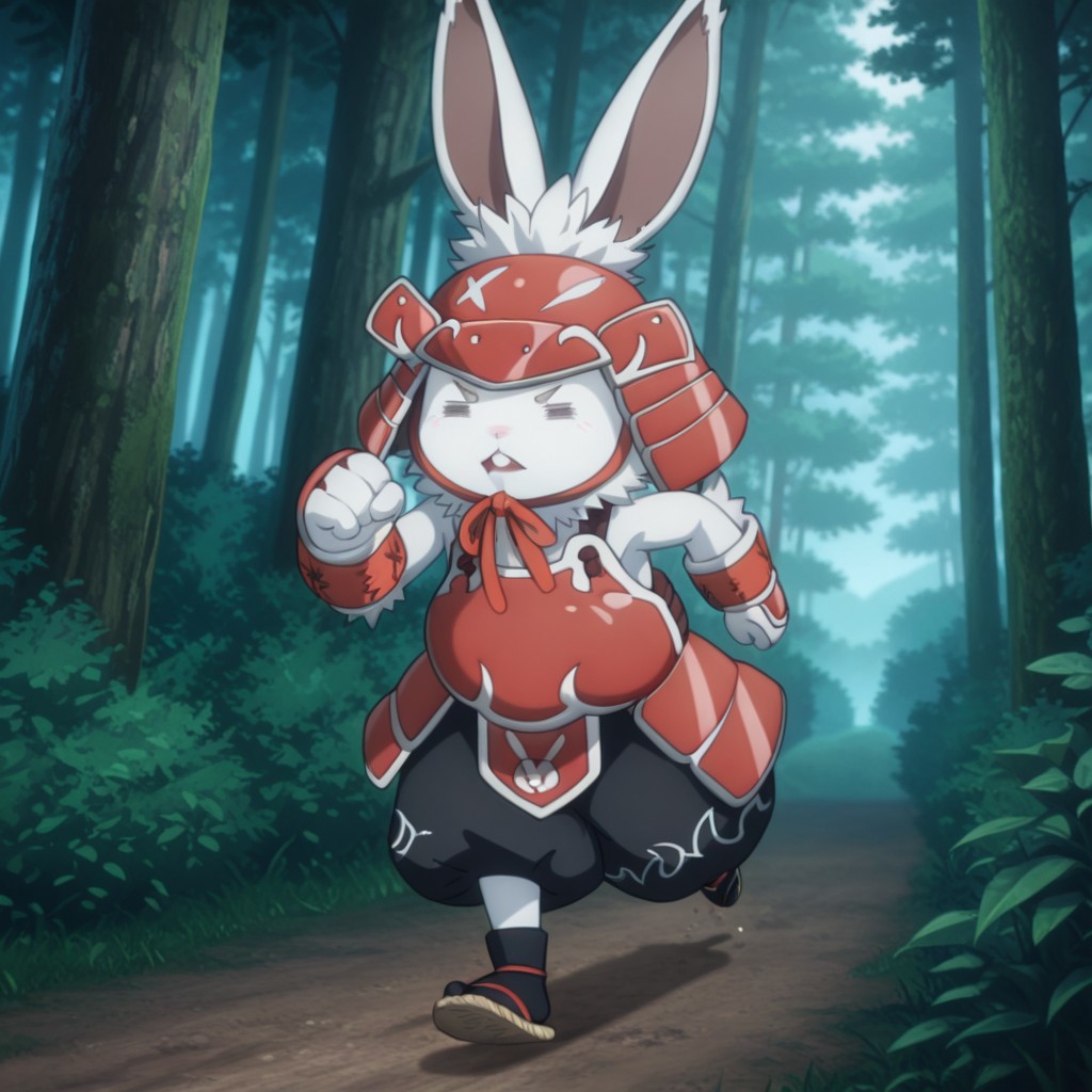 masterpiece, best quality, amazing quality, CeecrueslfIL, semi-anthro, male, rabbit, white fur, = =, red Samurai armor, red Samurai helmet, baggy black pants, white trim, black socks, tan sandals, solo,running, in forest